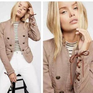 Free People Jagger Blazer Western Military Jacket Open Front Lace Up Cuff Beige